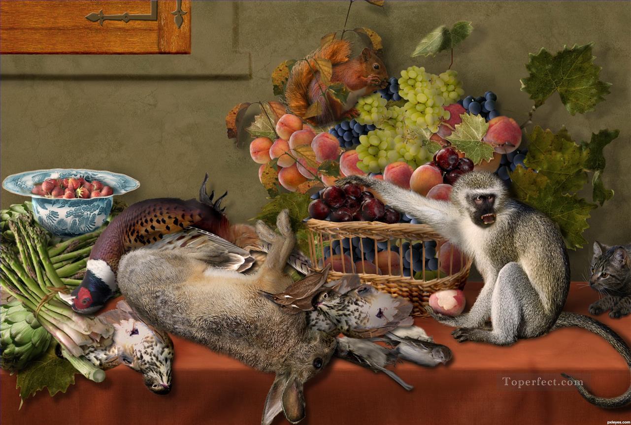 Still Life With Fruit Game Vegetables and Live Monkey Squirrel and a Cat Oil Paintings